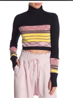 Free People Black Cropped Turtleneck Sweater with Pink & Yellow Stripes